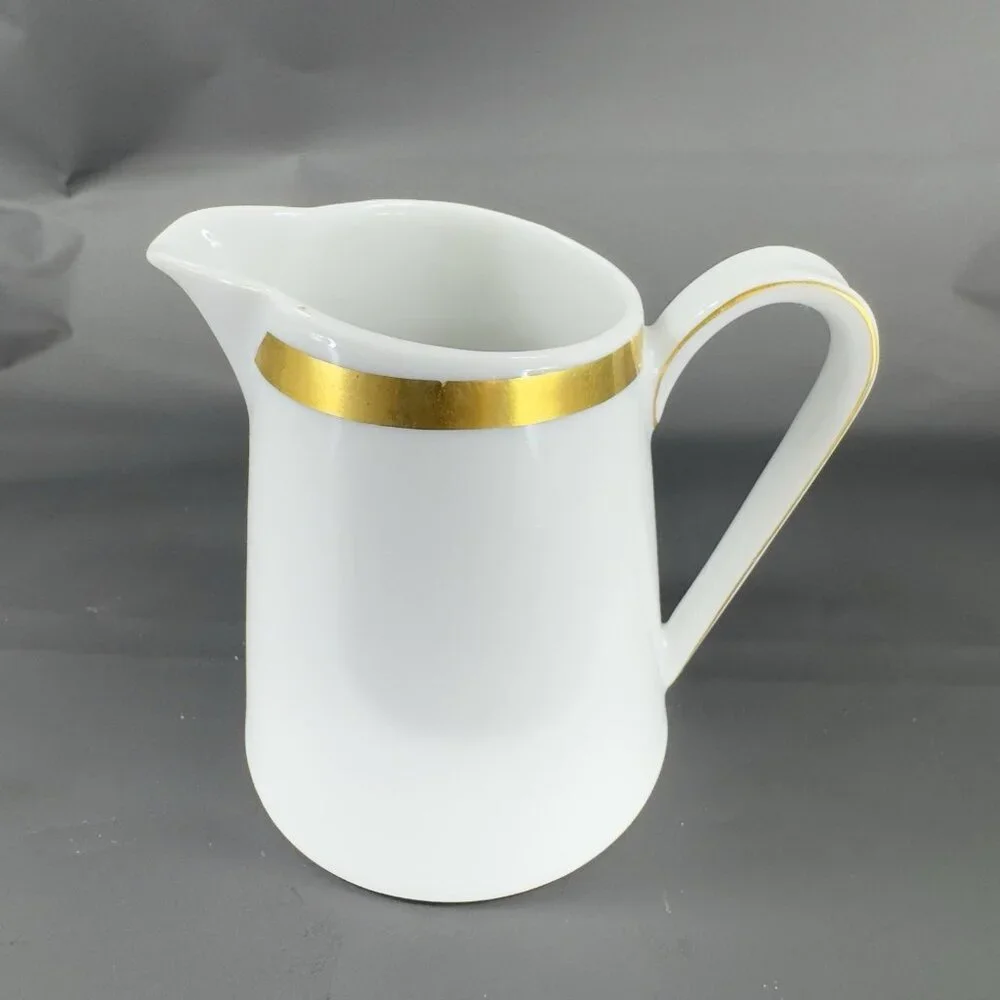 Schonwald Germany White Porcelain Small Pitcher Creamer With Gold‎ Band Vintage
